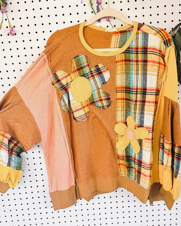 Boho Brown, Yellow & Peach Patchwork Waffle Plaid Side Slit Loose Pullover Long Sleeve Top