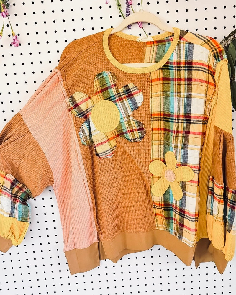 Boho Brown, Yellow & Peach Patchwork Waffle Plaid Side Slit Loose Pullover Long Sleeve Top