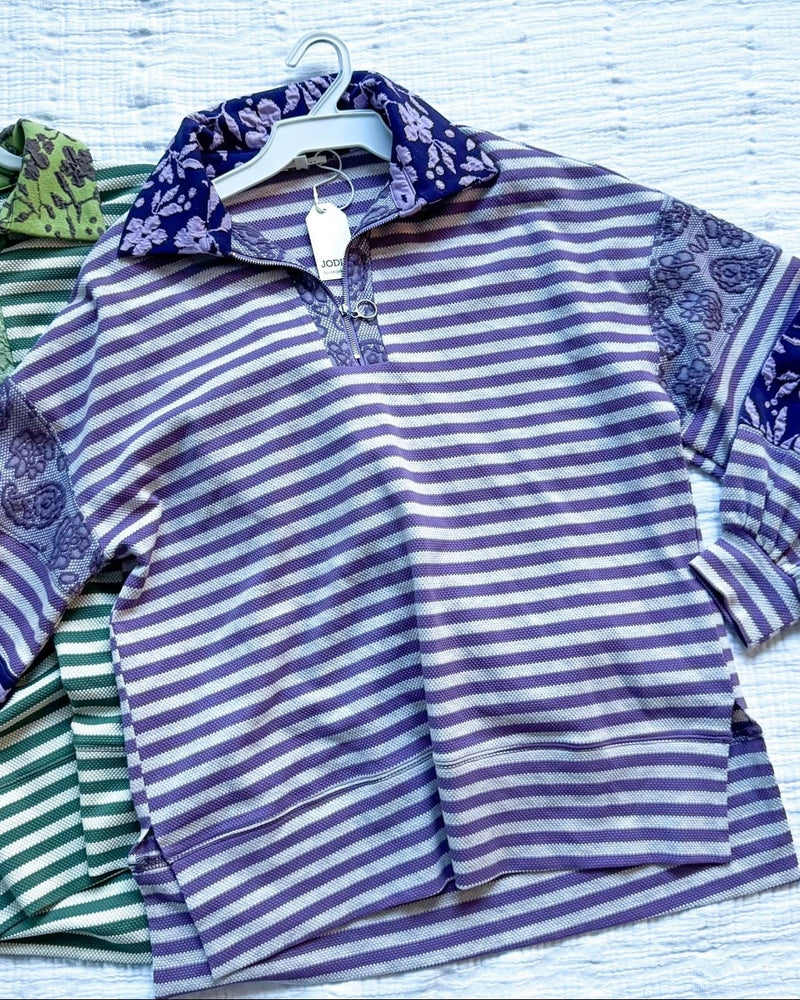 Purple or Green Striped Floral Contrast Texture Block Long Sleeve Zip Neck Collar Top
