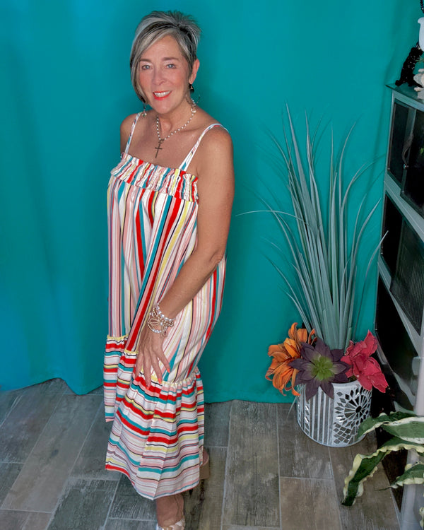 Multicolor Vertical Striped Spaghetti Strap Sleeveless Wide Ruffle Hem Tank Sundress