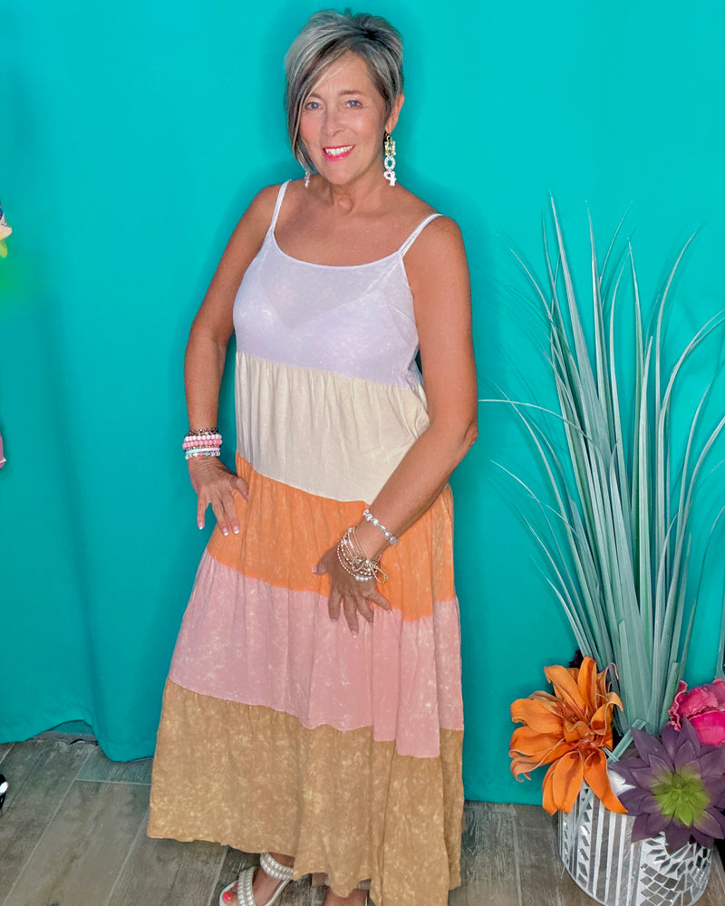 Multicolor Washed Lavender, Orange & Rose Tiered Block Cami Midi Spaghetti Strap Sundress