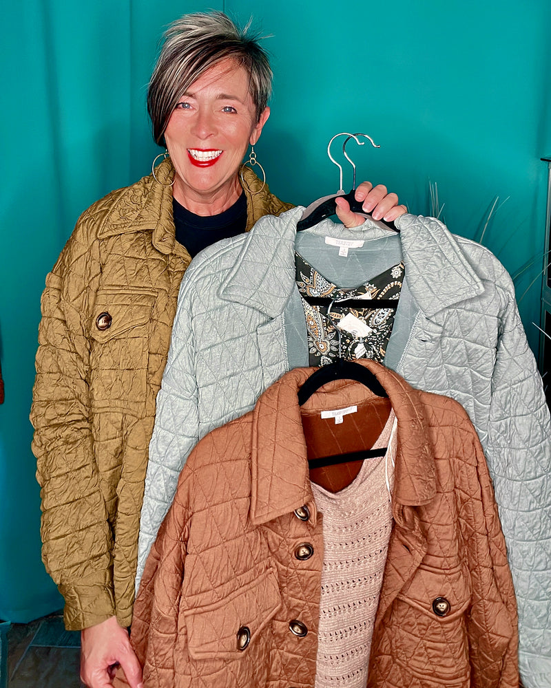 Copper, Brown or Mint Button Front Quilted Collared Long Sleeve Jacket w/Pockets