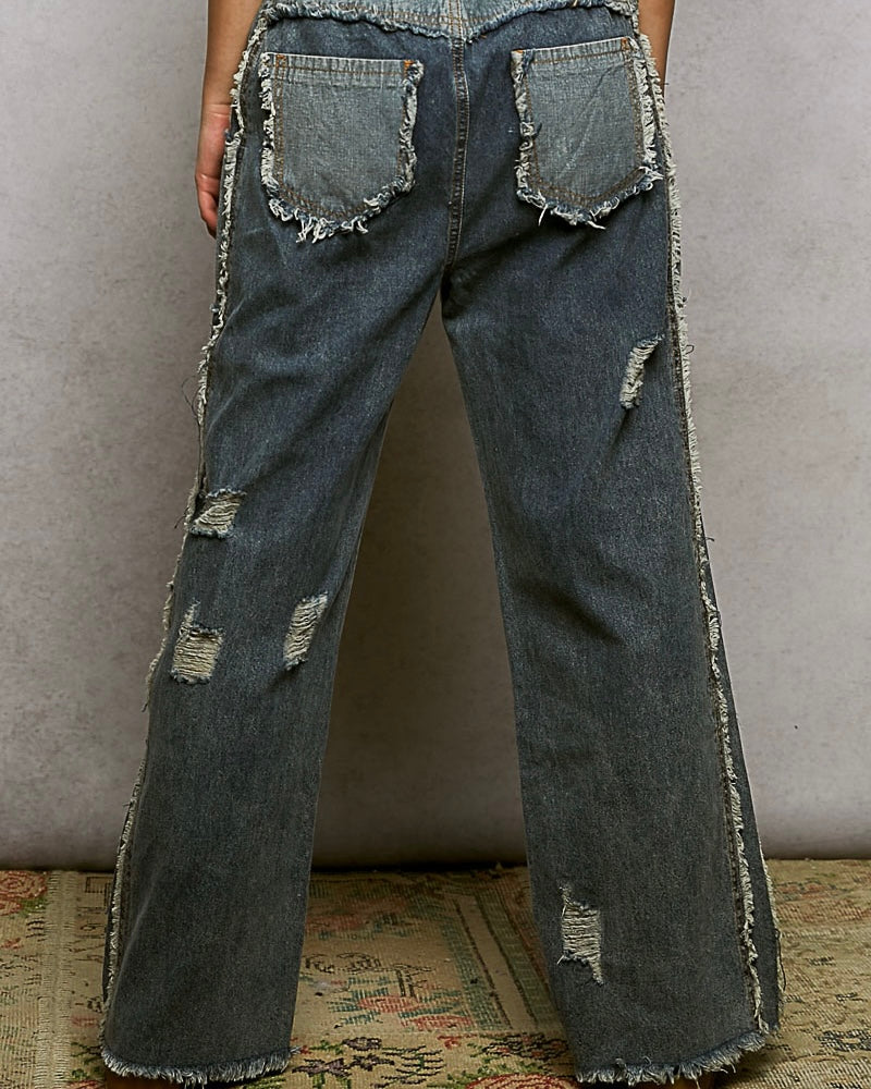 POL Boho Patch Distressed Wide Leg Elastic Waist Denim Jean Pant
