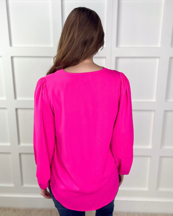 Plus Size Solid Pink 3/4 Balloon Sleeve VNeck Jamie Top