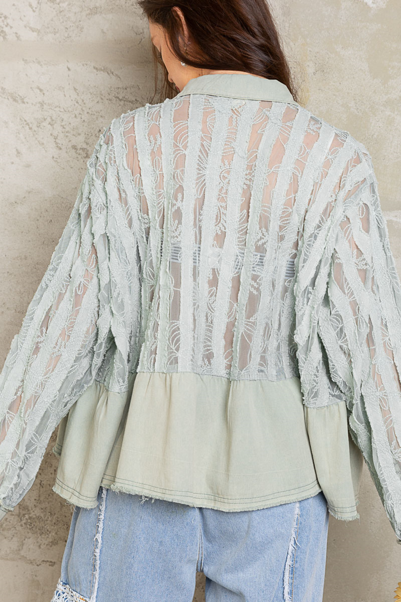 Boho Sage Green Light Denim & Lace Babydoll Cut Button Down Long Sleeve Jacket Top