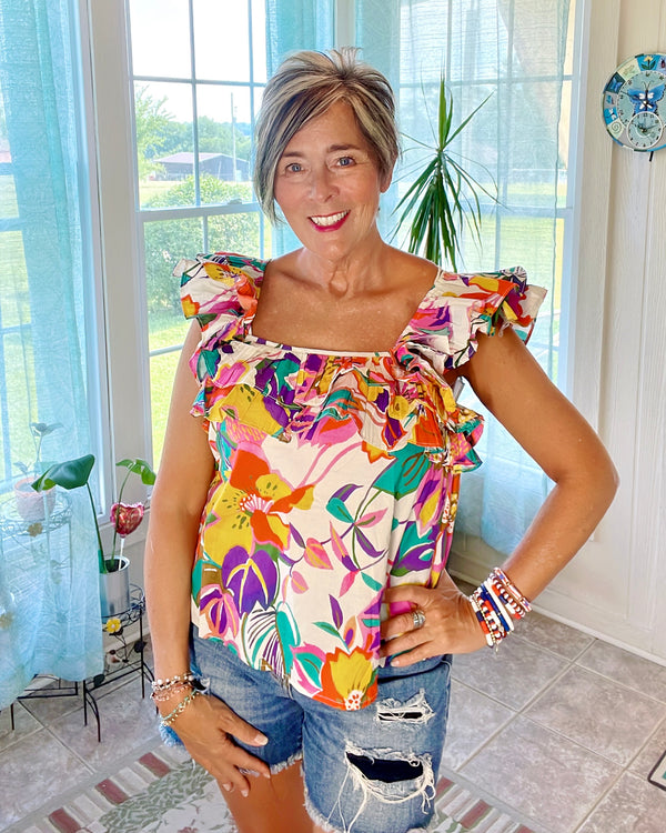 Bright Multicolor Square Neck Ruffle Tank Top