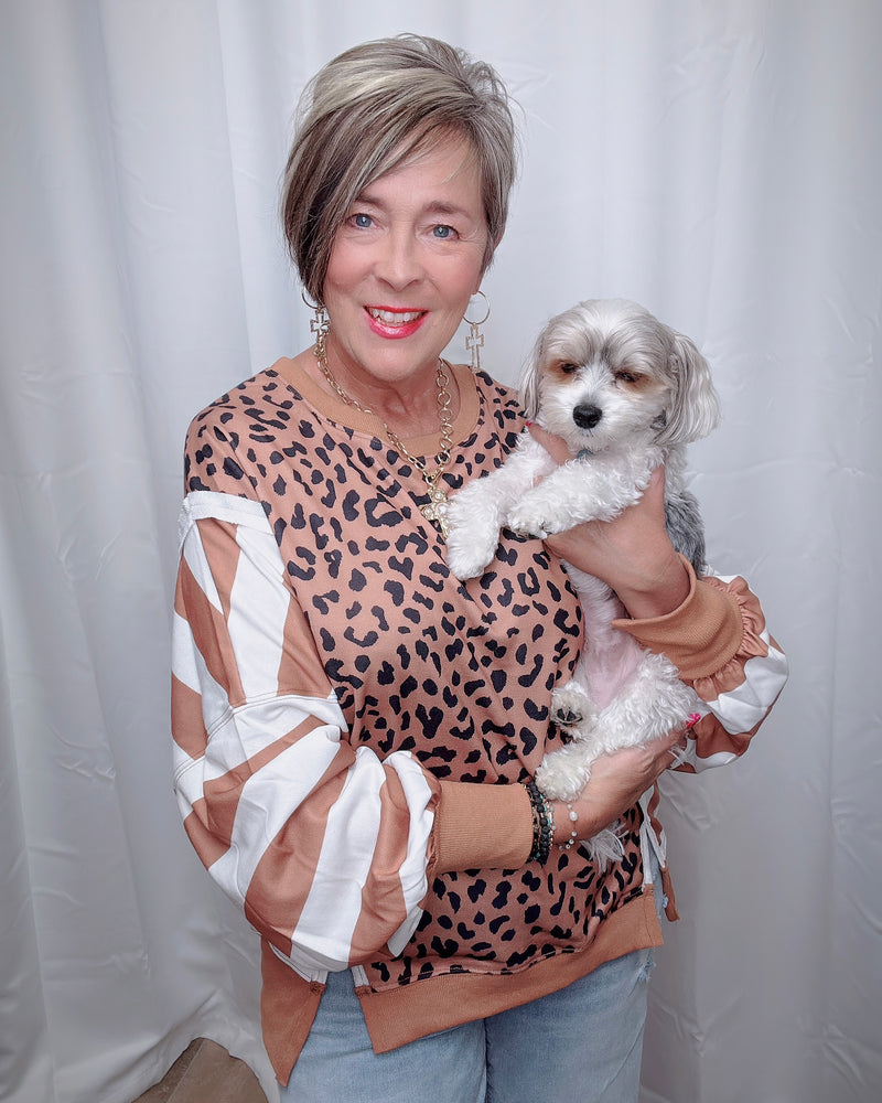 Brown Leopard with Contrasting Purple & Brown or Brown & White Stripe Long Sleeve Oversize Sweatshirt Top