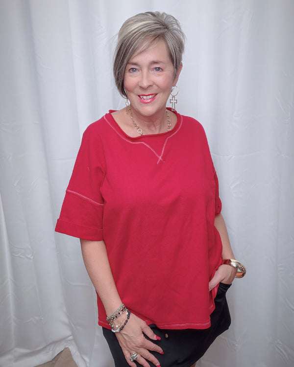 Solid Red Raw Edge Outside Stitch Short Roll Sleeve Top