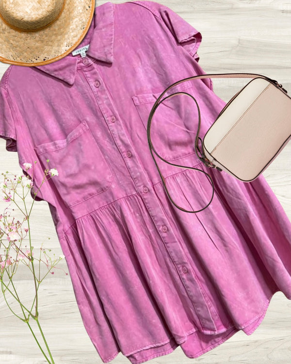 Pink Mineral Faded Acid Wash Short Sleeve Button Front Pocket Babydoll Top