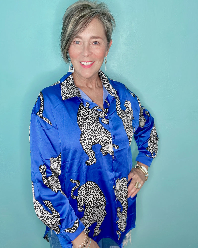 Electric Blue & Black Cheetah Long Sleeve Button Down Blouse