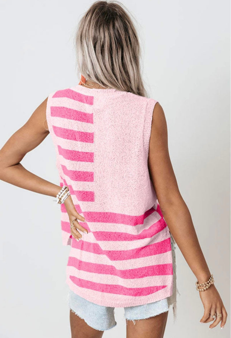 Pink Light Faded Flag Patriotic Stars & Stripes Patriotic Sleeveless Lightweight Sweater Knit  Tank Top