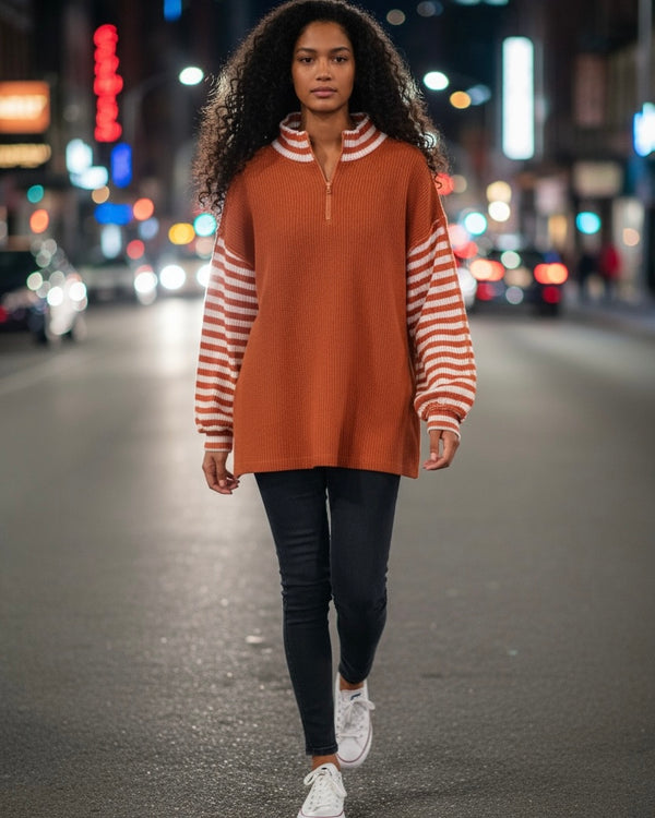 Solid Burnt Orange Contrast Stripe Sleeve Zip Neck Sweater Top