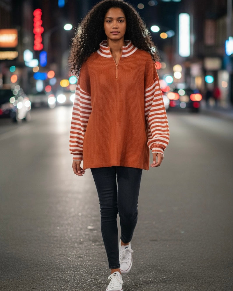 Solid Burnt Orange Contrast Stripe Sleeve Zip Neck Sweater Top