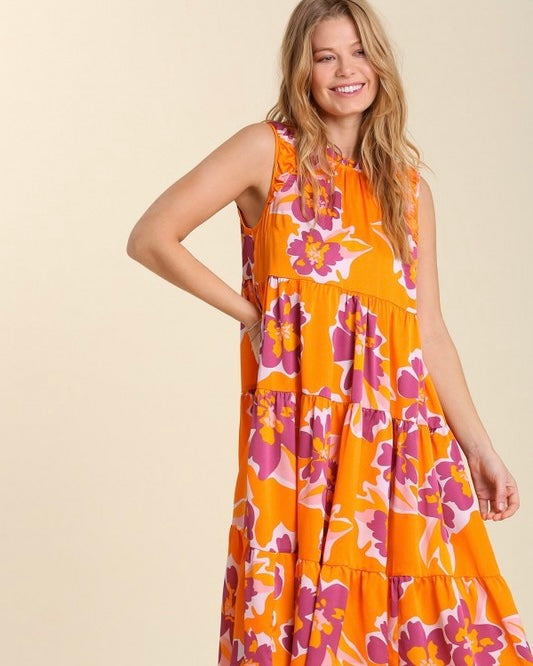 Orange & Purple Flower Print Cap Sleeve Ruffle Neck Midi Dress