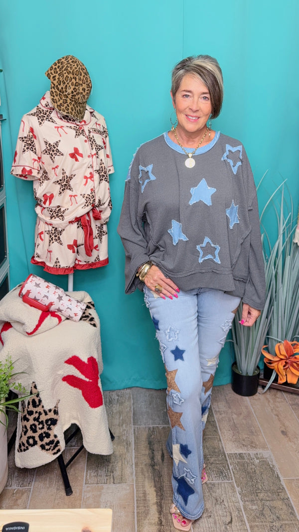 Charcoal & Blue Star Patch Long Sleeve Pullover Top