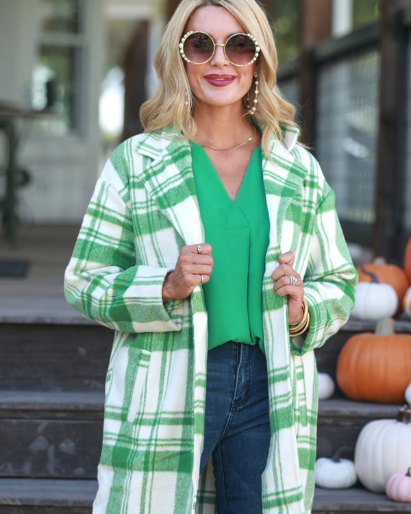 Green & White Knee Length Plaid Button Down Long Sleeve Chest Pocket Shacket