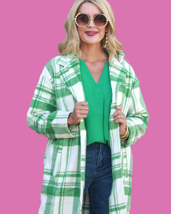 Green & White Knee Length Plaid Button Down Long Sleeve Chest Pocket Shacket Coat