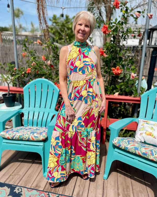 Pink Magenta, Turquoise Tropical Floral Print on Tan Halter Neck Sleeveless Maxi Sundress