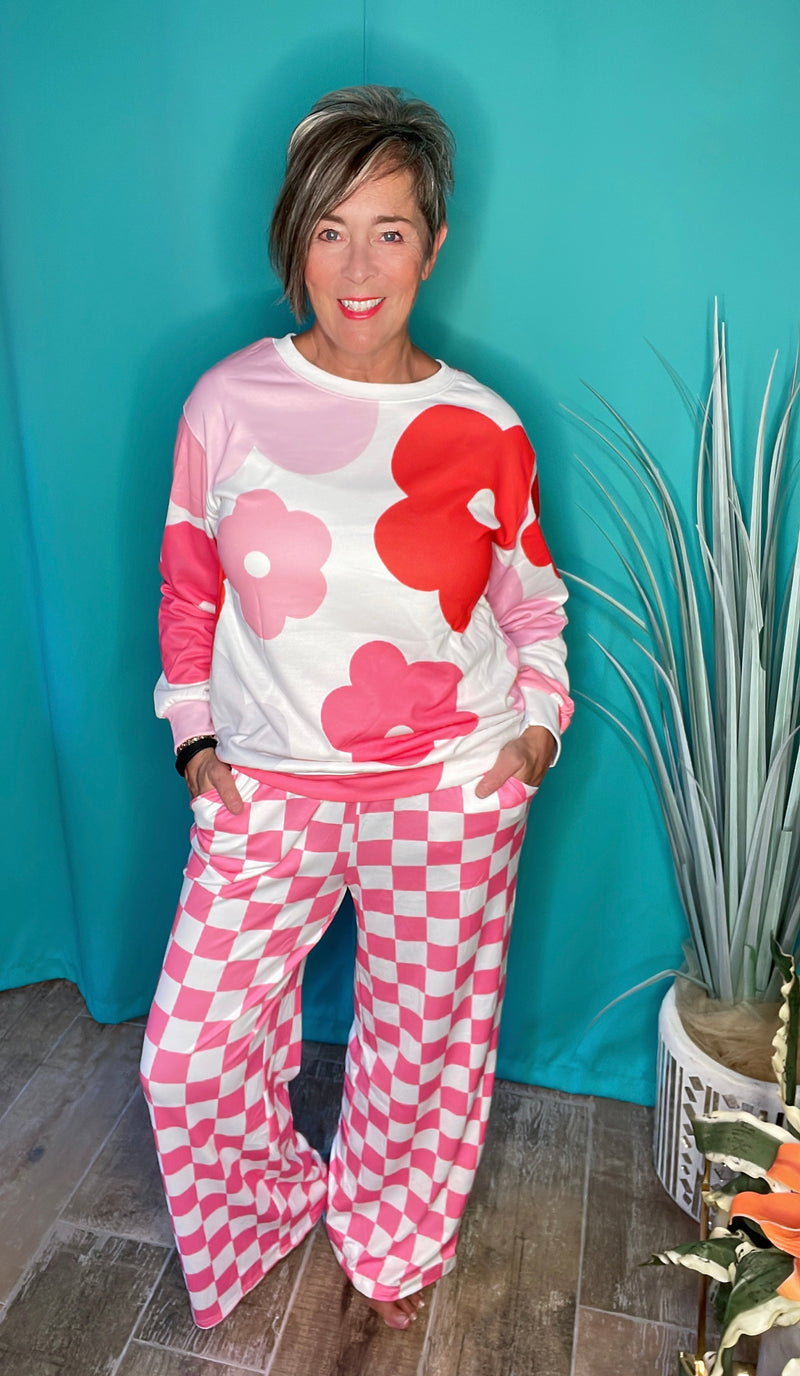 2 pc Pink & Red Large Flower Print Pant & Long Sleeve Top Lounge Set