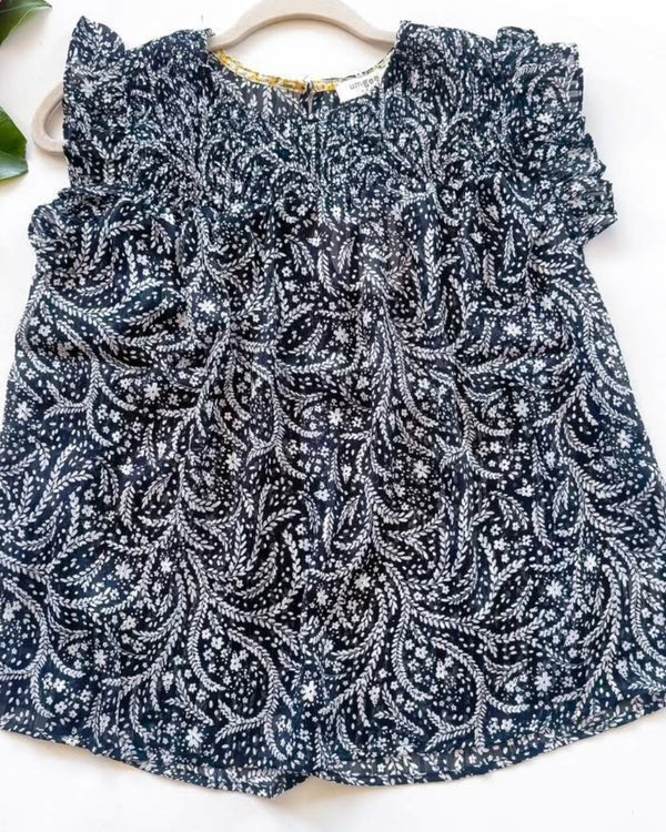 Black & White Petite Floral Print Smock Short Ruffle Cap Sleeve Top