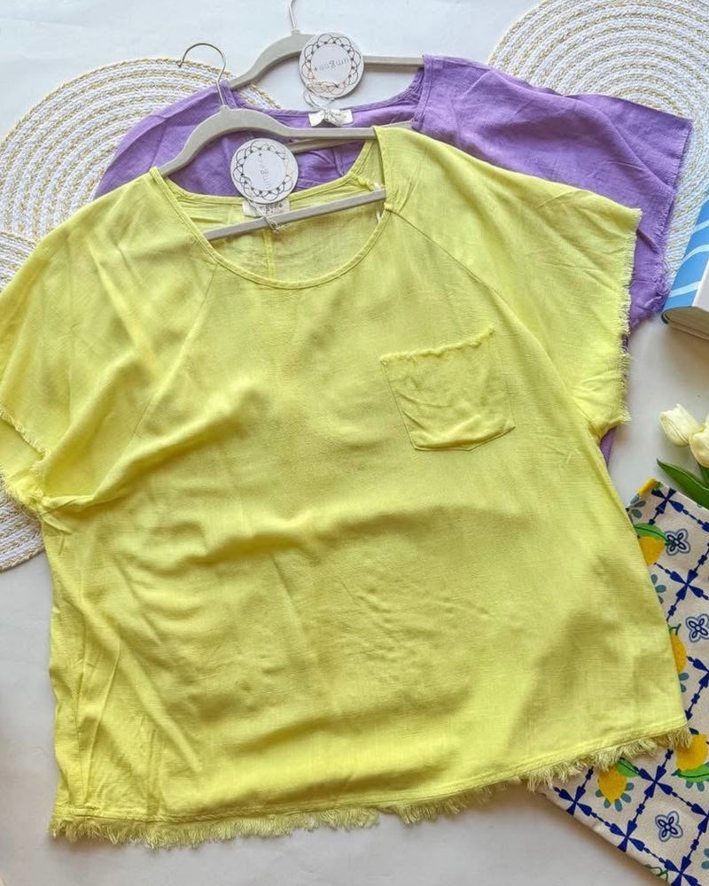 Plus Size Yellow Linen Frayed Edge Short Sleeve Top