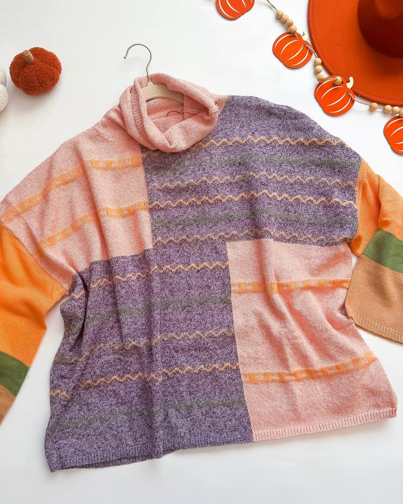 Pink & Purple Multi Color Block Turtleneck Long Sleeve Sweater