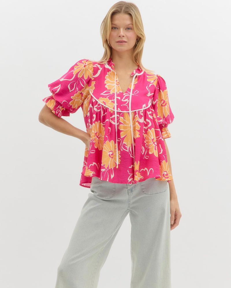 Pink Bold Floral Print Ruffe Neck Puff Short Sleeve Top