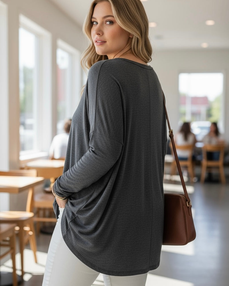 Solid Black Basic Long Sleeve Tunic Top