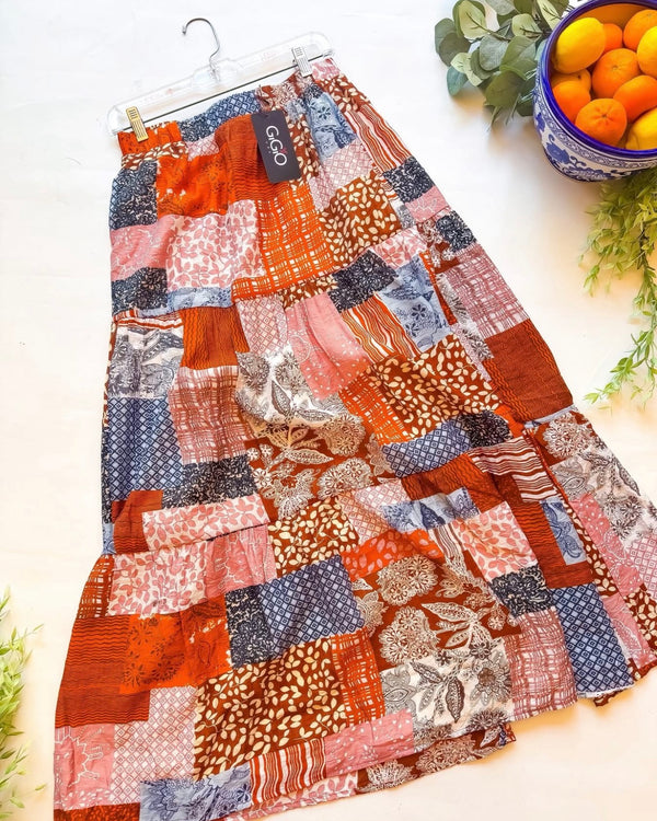 Brown & Blue Multicolor Patchwork Maxi Elastic Waist Skirt