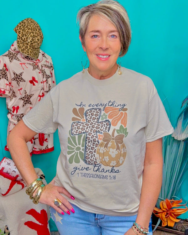 Sand Tan "In Everything Give Thanks" Leopard Cross Short Sleeve Crew Neck T-Shirt Top