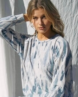 Blue & Gray Tie Dye Printed Terry Lightweight Sweatshirt Long Sleeve Pullover Top