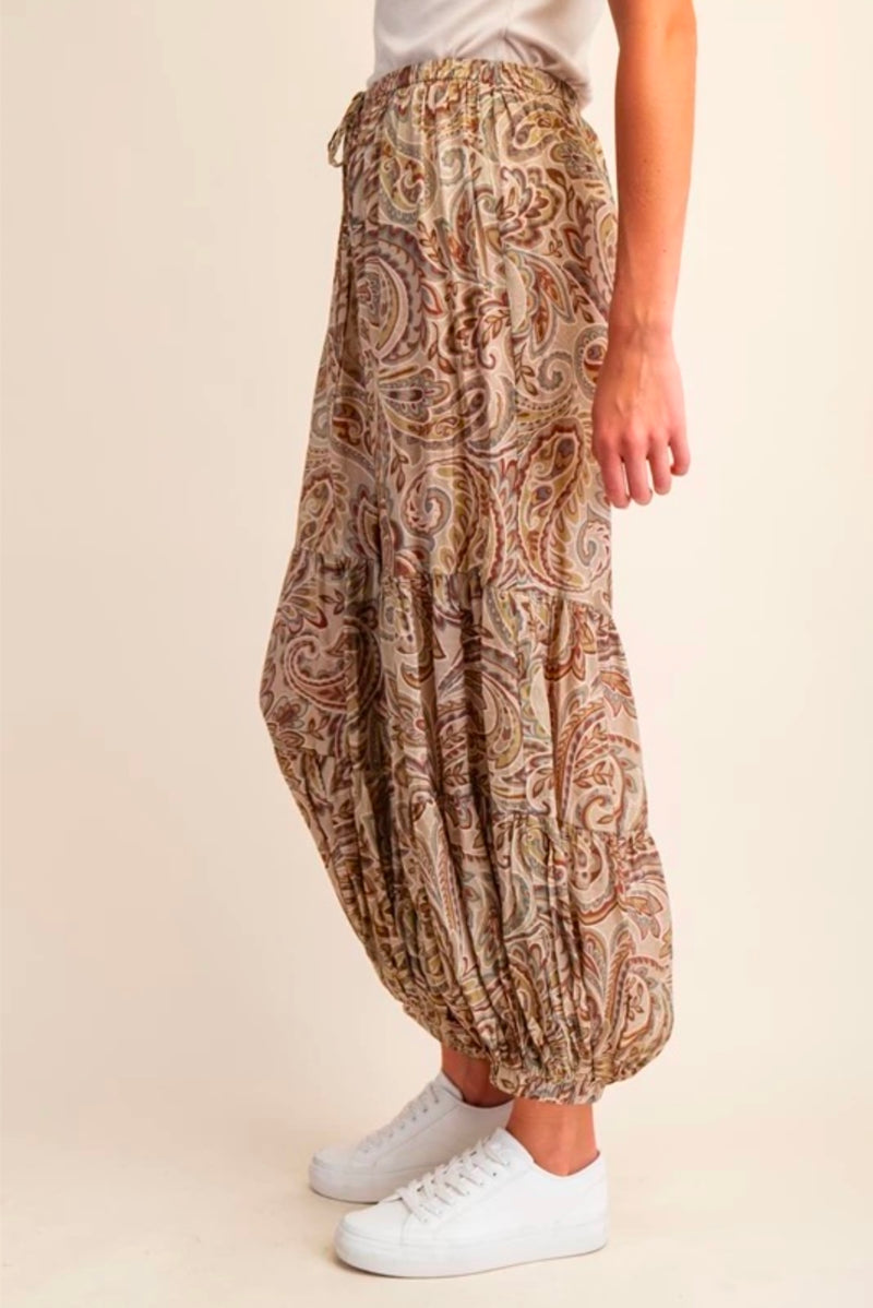 Bohemian Brown Multi Graphic Elastic Drawstring Waist Full Leg Pant
