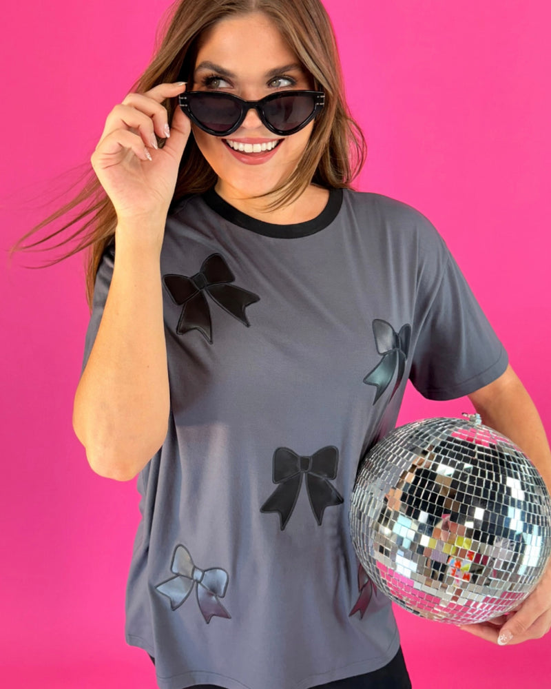 Charcoal Gray Black Faux Leather Bow Short Sleeve Tshirt Top