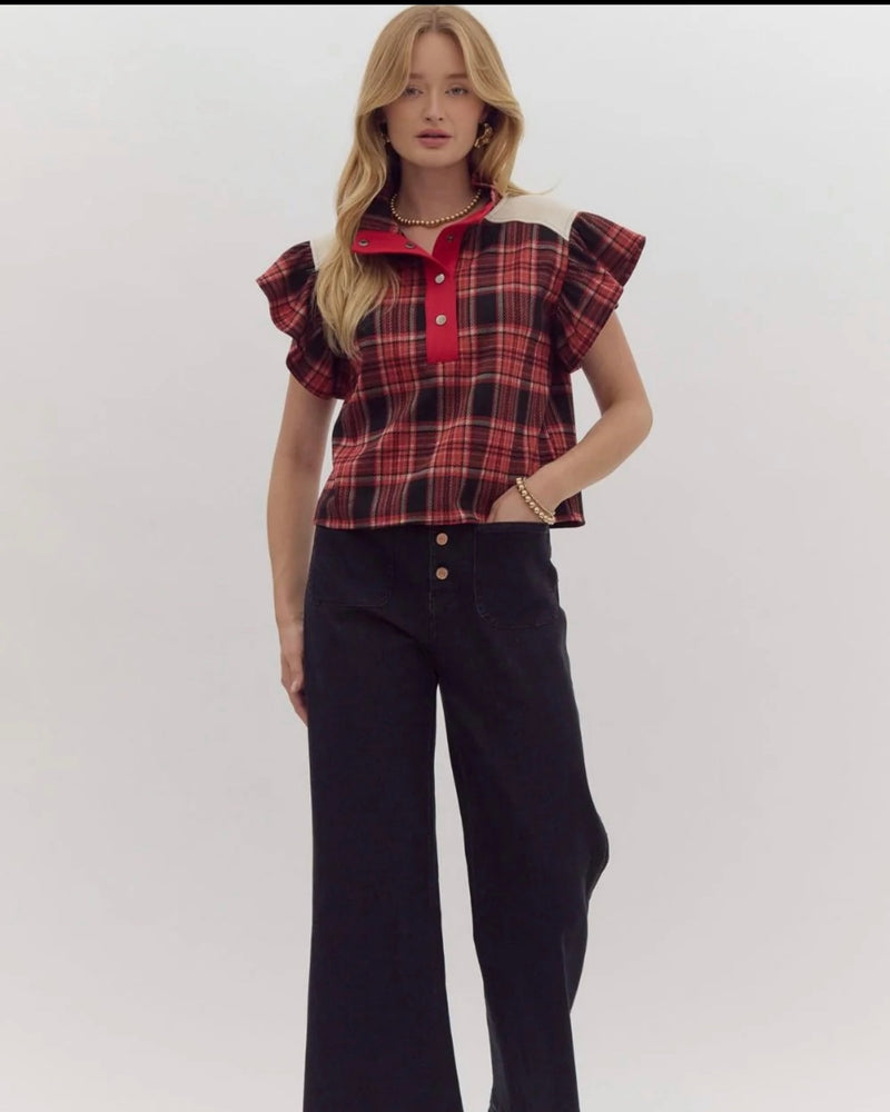 Red & Black Plaid Ruffle Flutter Sleeve Boxy Top