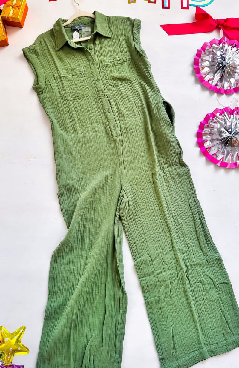 Green Gauze Short Cap Sleeve Button Front Pocket Jumpsuit