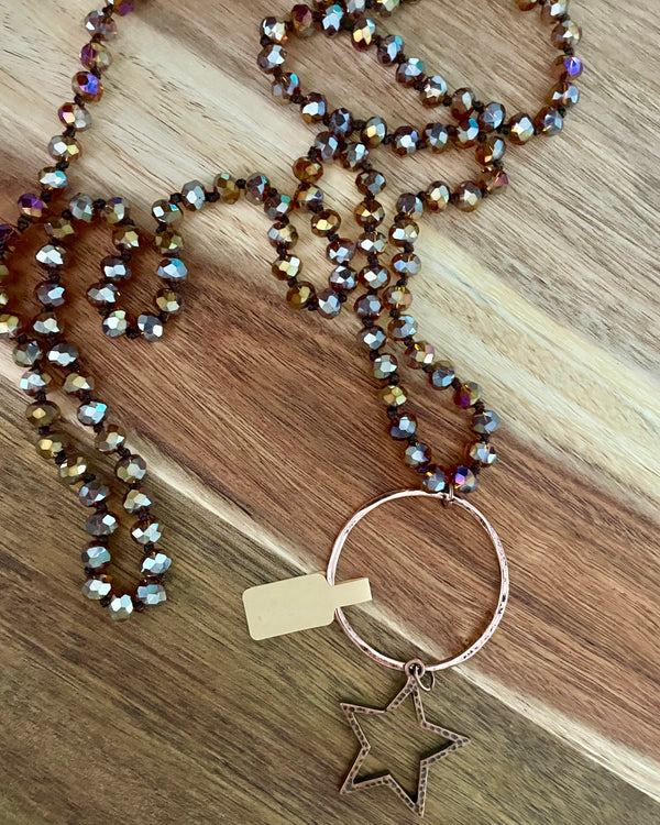 Long Beaded Necklace with Copper Metal Ring & Star Pendants
