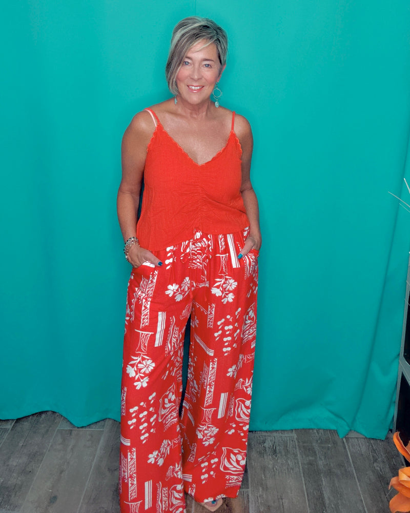 Red & White Tropical Cherry Wide Leg Elastic Waist Pant