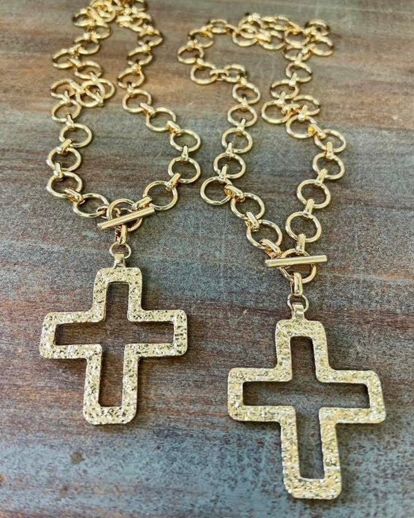 Gold Tone Choker Style Short Chain Necklace with Open Cut out Cross Pendant