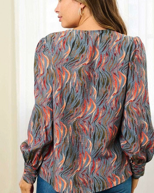 Dusty Blue Gray Abstract Print Long Sleeve Mock Wrap V-Neck Blouse