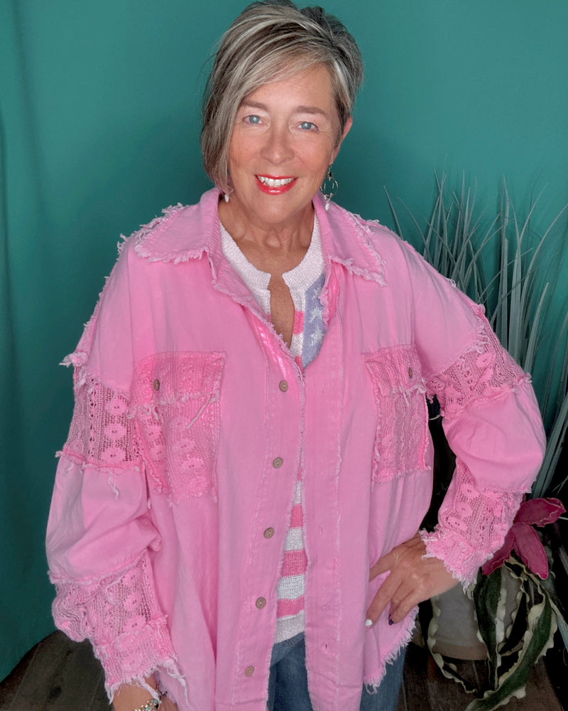 Solid Pink Mineral Wash Lace Inset Long Sleeve Button Up Cotton Top Jacket