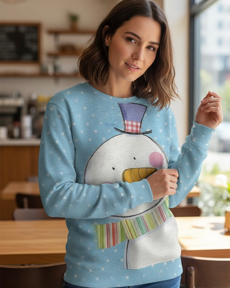 DOOR BUSTER Blue Multicolor Whimsical Snowman Long Sleeve Pullover Top