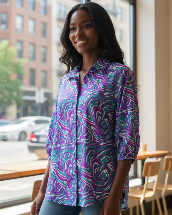 Purple & Teal Green Button Down 3/4 Sleeve Collared Blouse Top