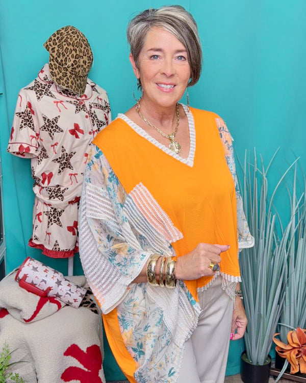 Orange and White Lace Inset Floral Block Kimono Style Top
