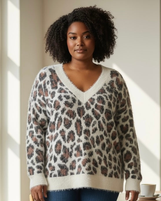 Plus Size White, Black & Brown Fuzzy Leopard Long Sleeve VNeck Sweater