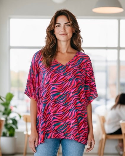 Magenta & Teal Animal Zebra Print VNeck Short Sleeve Blouse