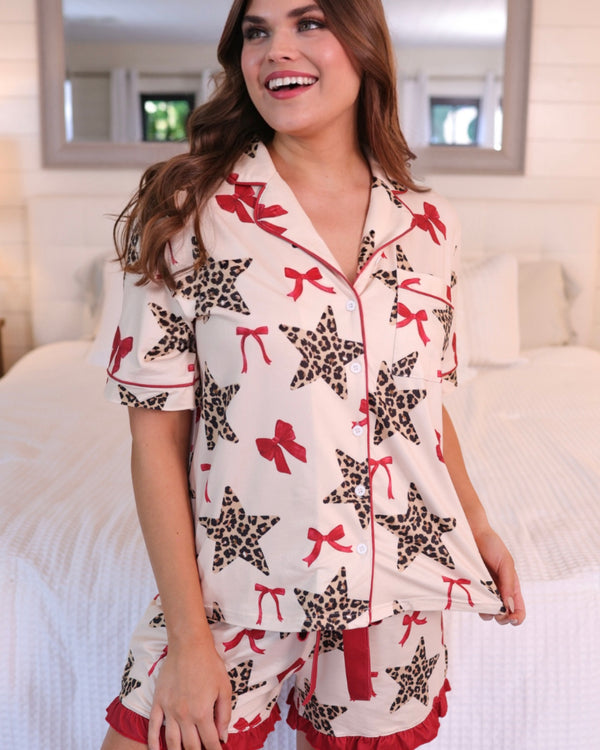 Simply Untamed Leopard & Bows 2 Pc Pajama PJ Short Set