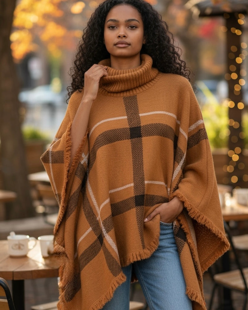 Pumpkin Spice Plaid Pullover Turtleneck Shawl Sweater