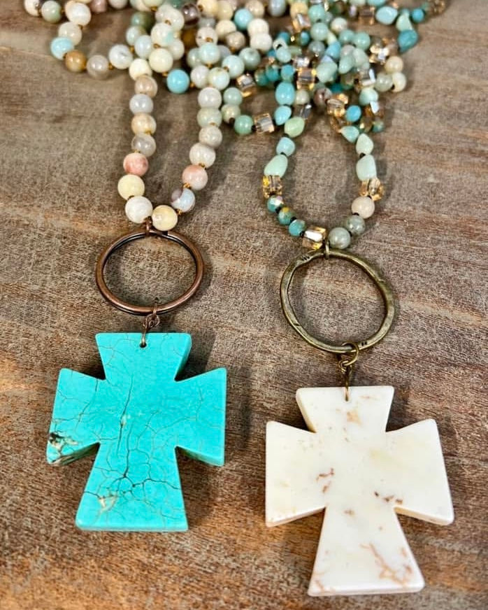 Turquoise or White Stone Cross Pendant Long Strand Beaded Necklace