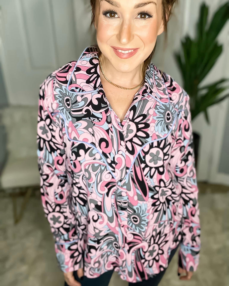 Pink, Black & White Long Sleeve Abstract Swirl Flower Button Down Top