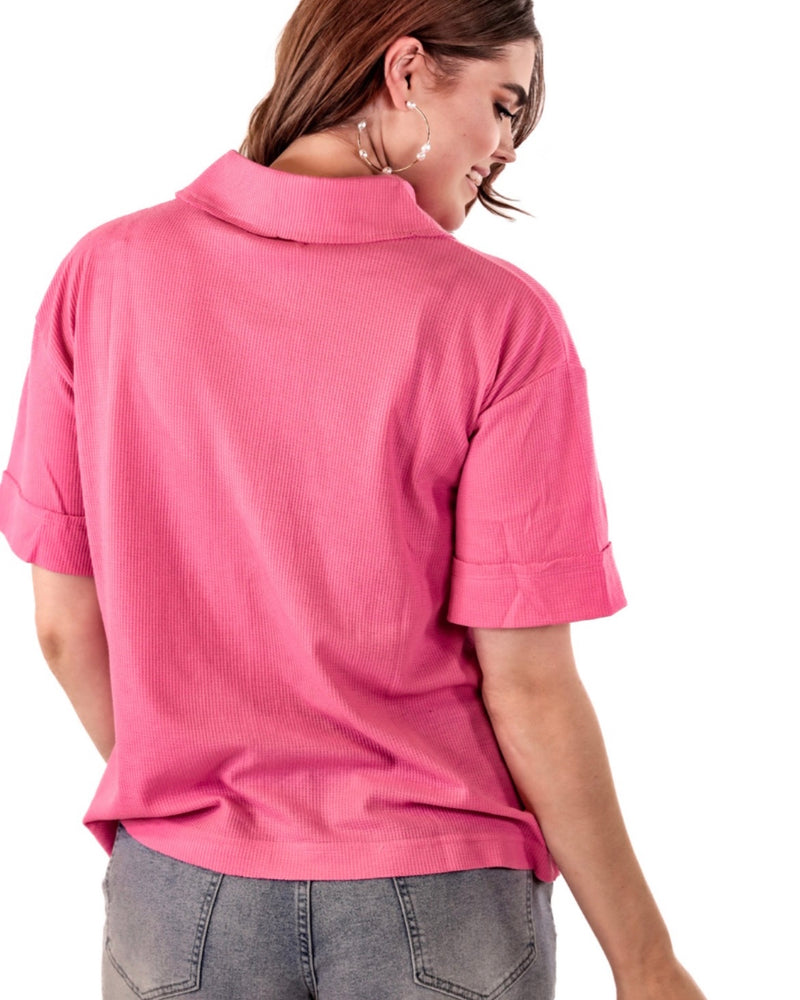 Bubble Gum Pink or Blush Neutral Tan Button Front Pocket Short Sleeve Waffle Ribbed Top